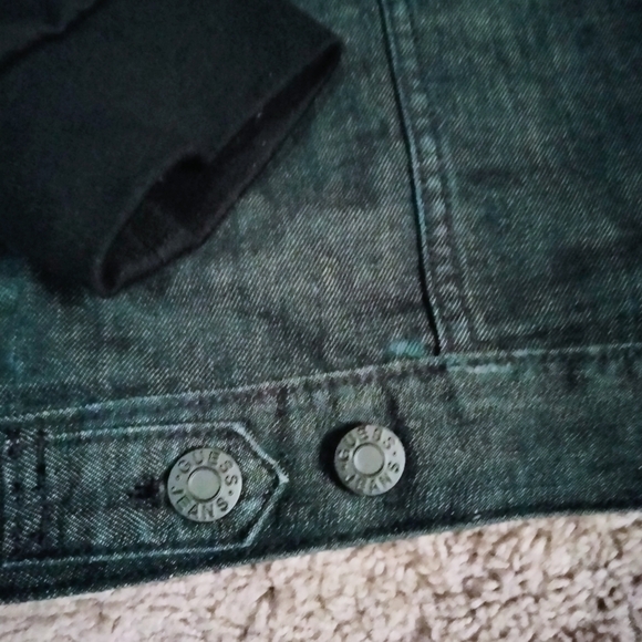 Guess (Size L) Dark Wash Distressed Denim & Hooded Combo Sweater Jacket - Picture 8 of 9